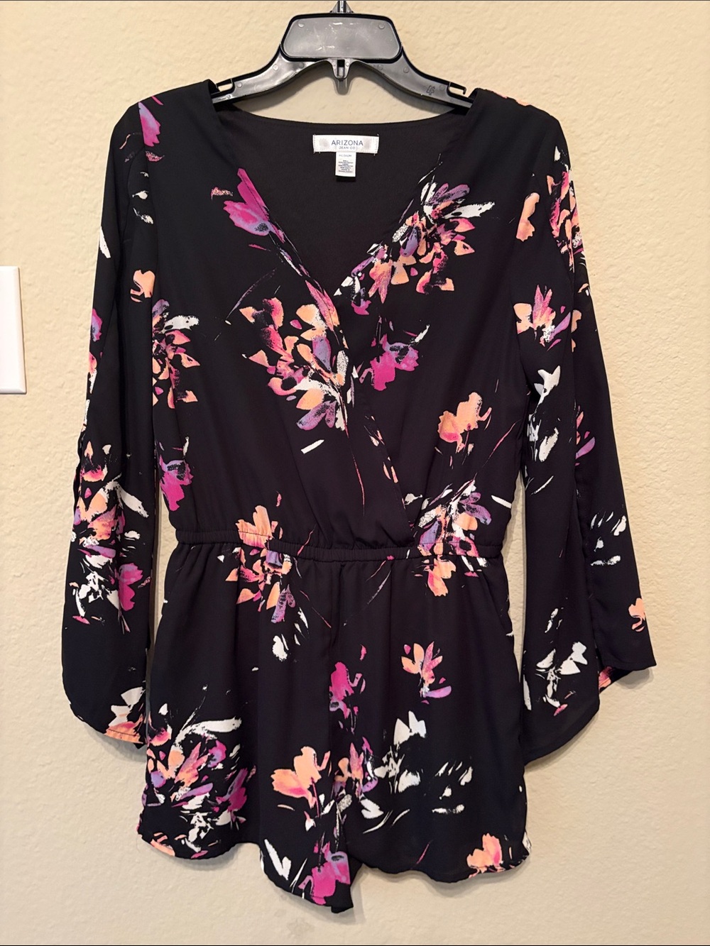 Arizona Floral Black Sorts Romper with Pink & Peach Accents
